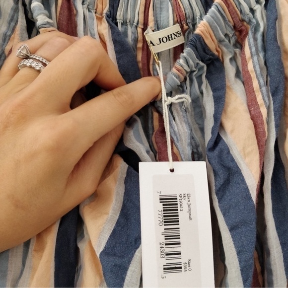 ULLA JOHNSON Elan Off The Shoulder Seersucker Jumpsuit in Sky - Picture 9 of 11